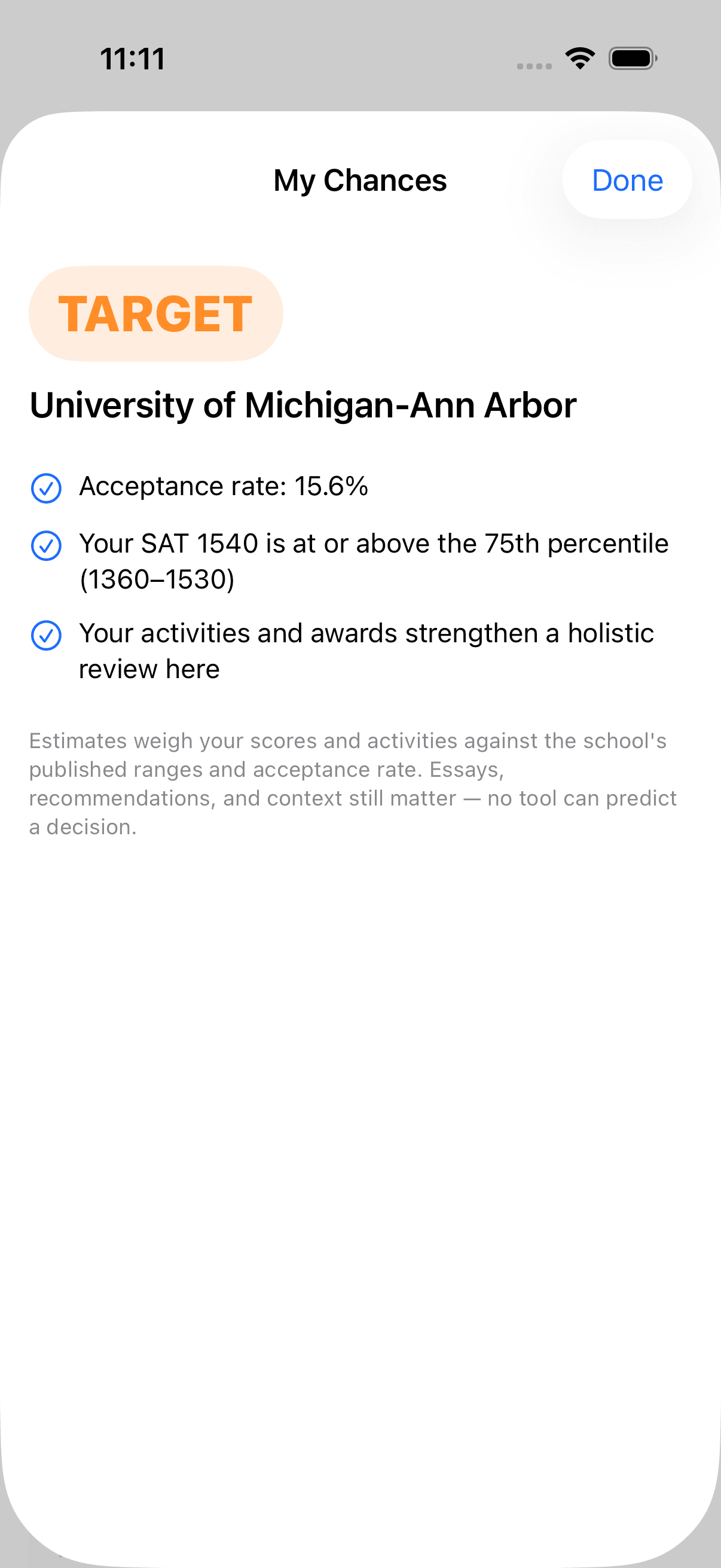 My Chances: University of Michigan shown as a target, based on test scores, acceptance rate, and activities