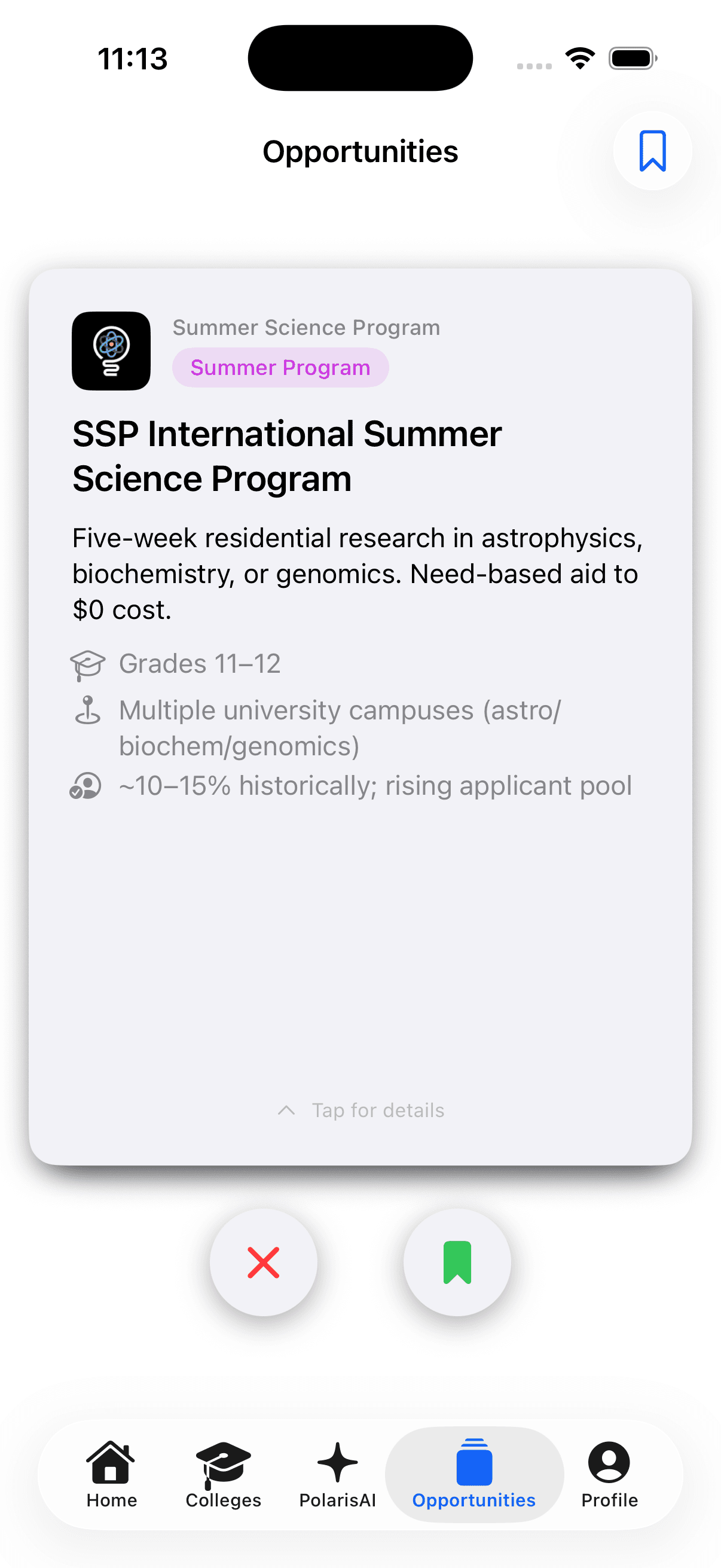 Opportunity cards: scholarships and summer programs matched to you